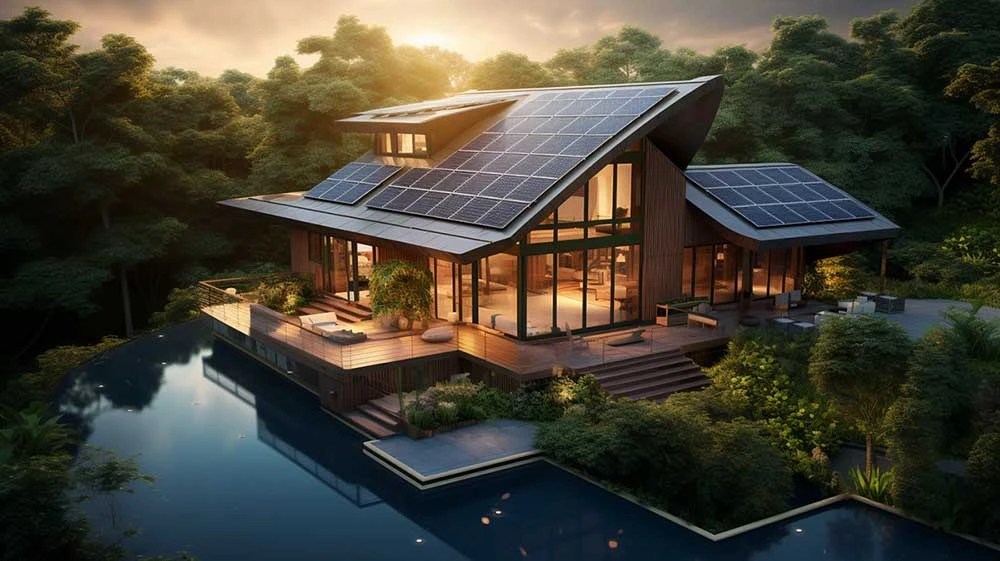 a beautiful house with solar panels on the roof sorrounded by nature.