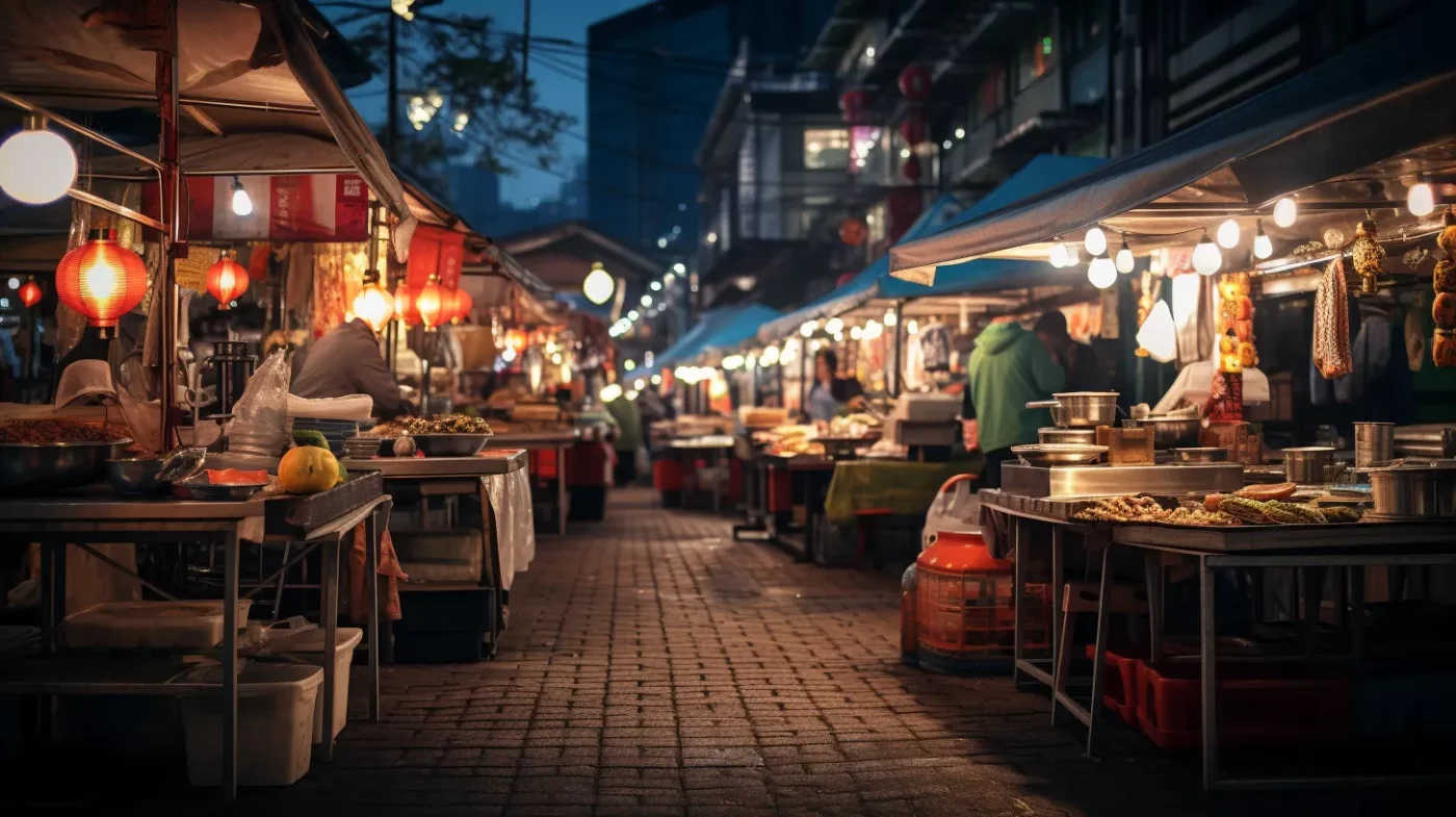 a photo of night market, with lights on. Why Poratable Power Station for Small Business is Important